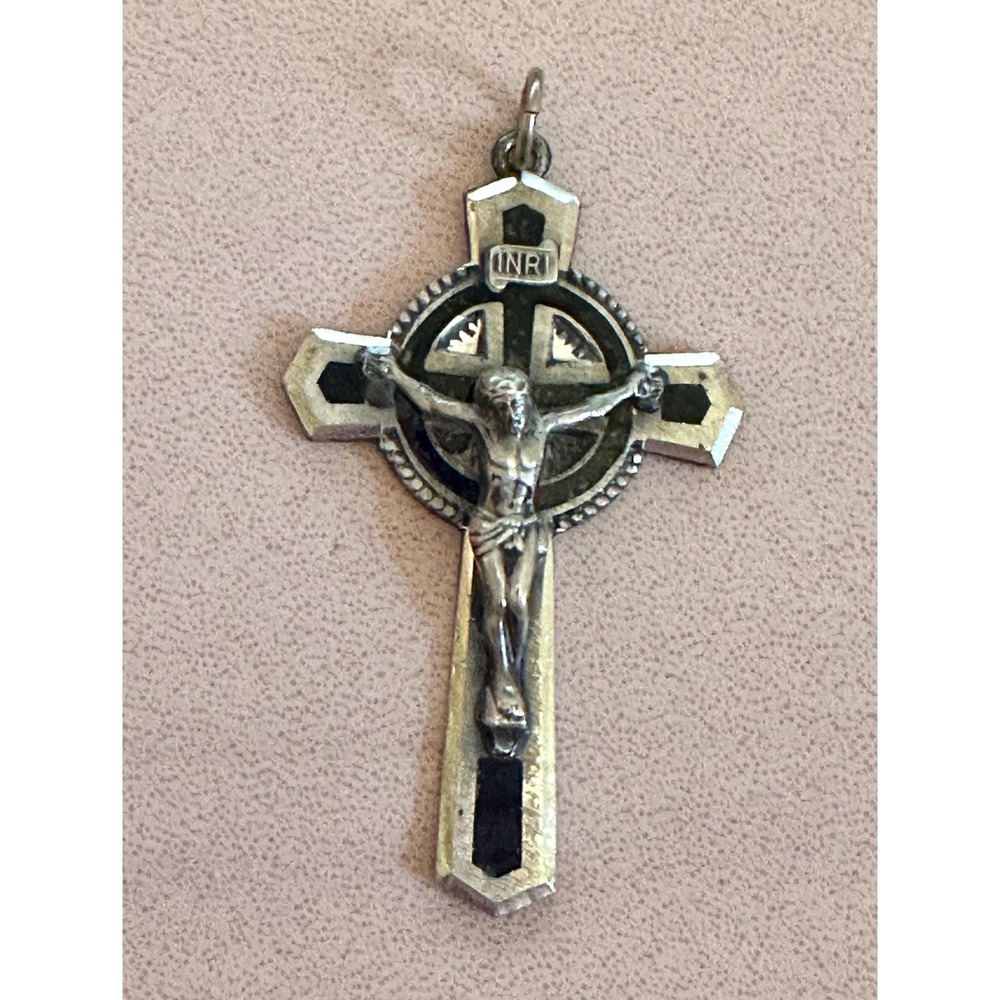 Vintage Sterling Silver & Black Enamel Crucifix Cross Pendant Rosary